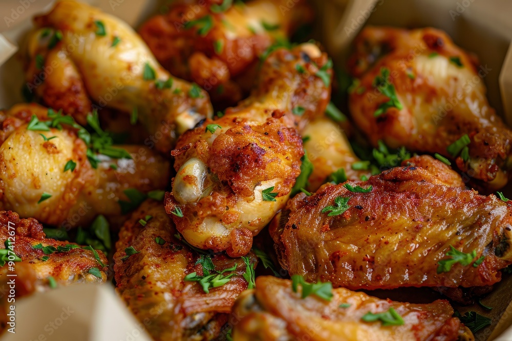 Golden-Brown Fried Chicken Wings with Fresh Parsley for your background bussines, poster, wallpaper, banner, greeting cards, and advertising for business entities or brands.with generative ai Golden-Brown Fried Chicken Wings with Fresh Parsley for your background bussines, poster, wallpaper, banner, greeting cards, and advertising for business entities or brands.with generative ai