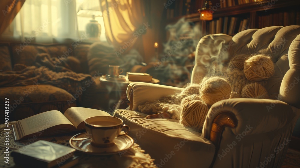 Warm home setting with white armchair, knitting tools, coffee, and book for a cozy vibe Warm home setting with white armchair, knitting tools, coffee, and book for a cozy vibe