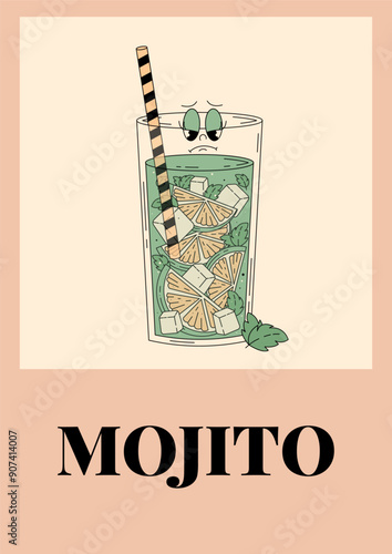 Groovy character mojito. Retro summer poster with popular alcoholic cocktail. Vintage vector illustration in 70s, 80s style