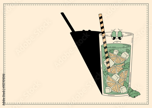 Groovy character strawberry mojito. Retro banner alcoholic beverage with empty space. Retro vector illustration 70s, 80s style