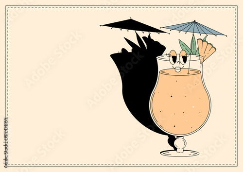 Groovy character pina colada. Retro banner alcoholic beverage with empty space. Retro vector illustration 70s, 80s style