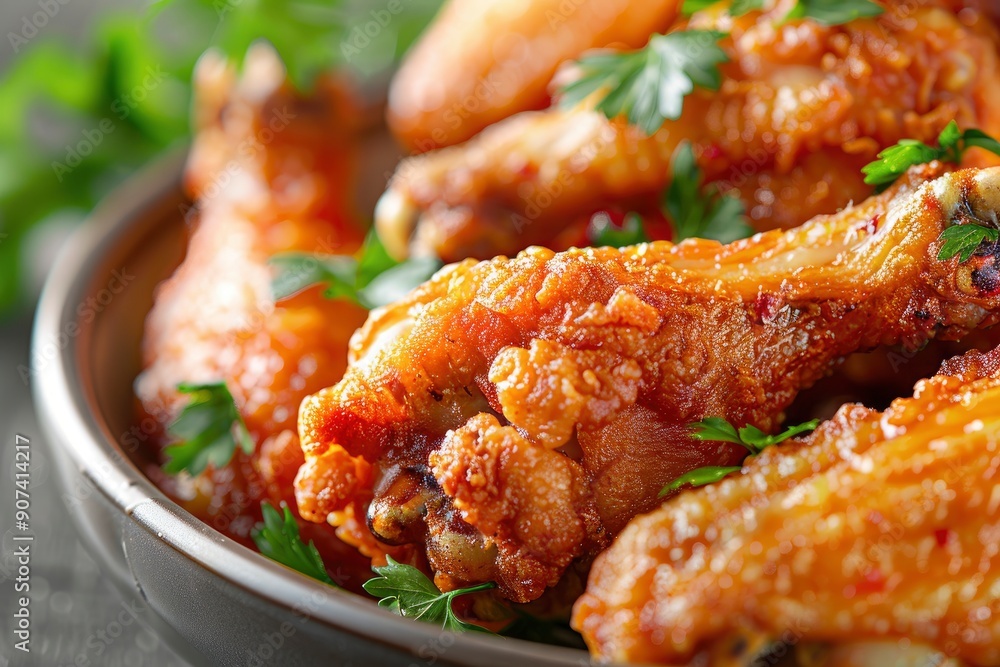 Golden-Brown Fried Chicken Wings with Fresh Parsley for your background bussines, poster, wallpaper, banner, greeting cards, and advertising for business entities or brands.with generative ai Golden-Brown Fried Chicken Wings with Fresh Parsley for your background bussines, poster, wallpaper, banner, greeting cards, and advertising for business entities or brands.with generative ai