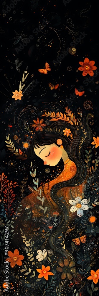 Night scene with young woman in a forest with a star Night scene with young woman in a forest with a star