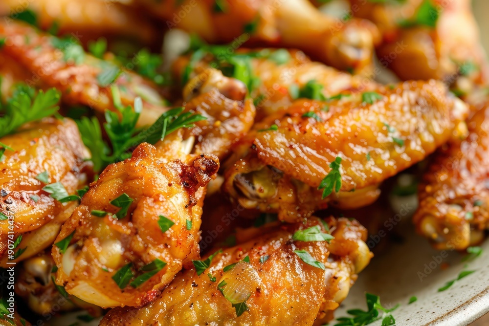 Golden-Brown Fried Chicken Wings with Fresh Parsley for your background bussines, poster, wallpaper, banner, greeting cards, and advertising for business entities or brands.with generative ai Golden-Brown Fried Chicken Wings with Fresh Parsley for your background bussines, poster, wallpaper, banner, greeting cards, and advertising for business entities or brands.with generative ai