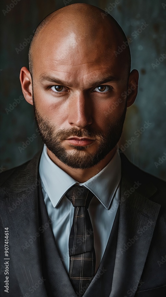 A bald man in a suit and tie looking at the camera A bald man in a suit and tie looking at the camera