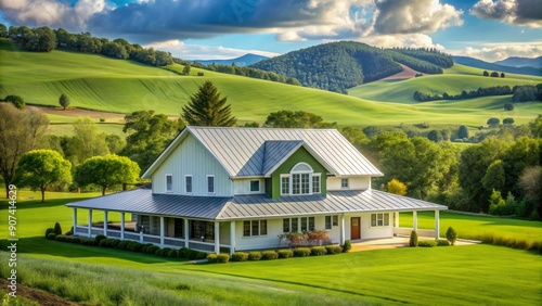 Wallpaper Mural Serene rural landscape featuring a modern farmhouse with a pristine white metal roof amidst lush green rolling hills. Torontodigital.ca