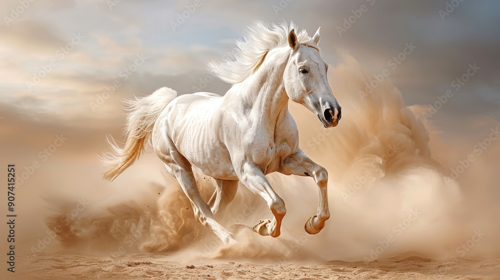 A white horse is running through a sandy desert