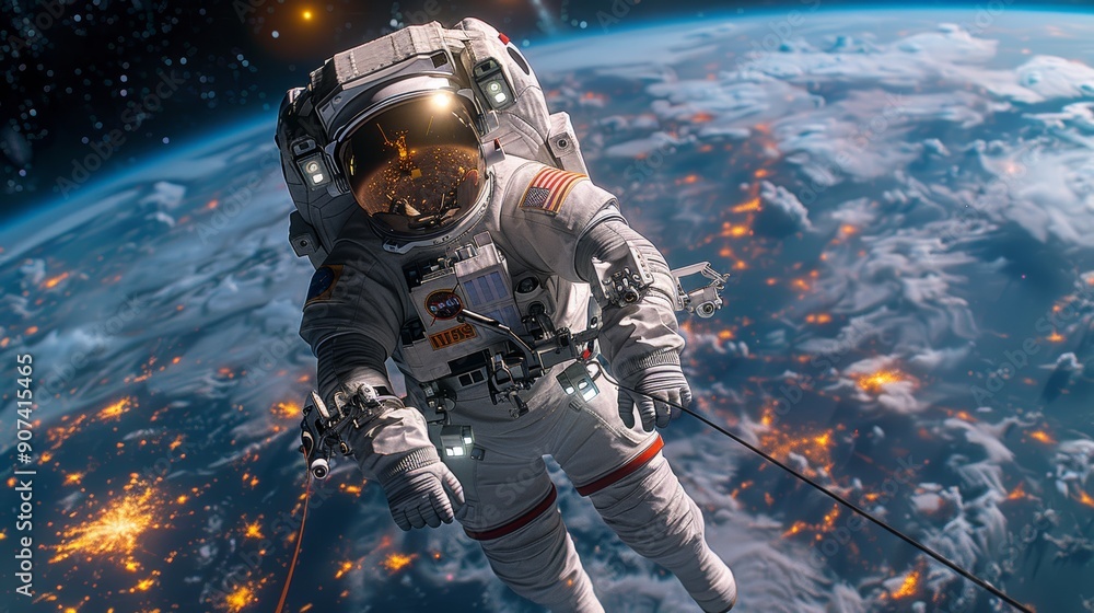Astronaut Floating in Space Above Earth With Stunning Views of Cities at Night. Generative AI Astronaut Floating in Space Above Earth With Stunning Views of Cities at Night. Generative AI