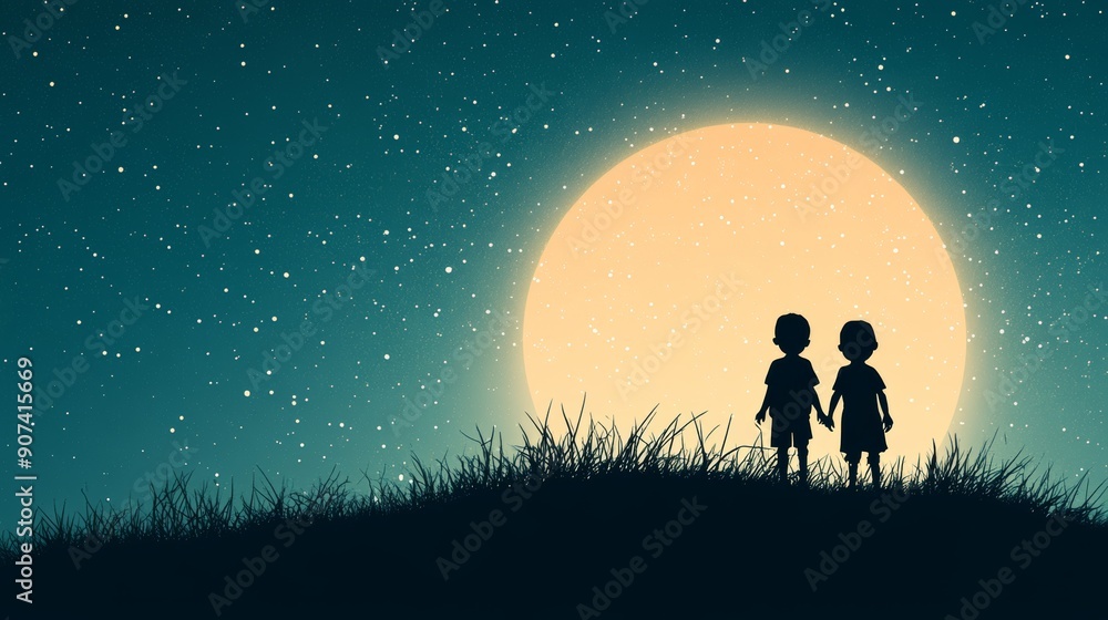 Moonlight Companionship: Two young silhouettes, hand in hand, gaze at a mesmerizing full moon in a starry night sky. Moonlight Companionship: Two young silhouettes, hand in hand, gaze at a mesmerizing full moon in a starry night sky.