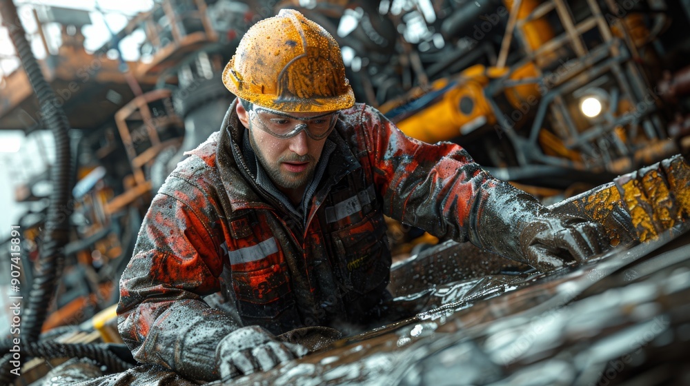 Worker in Protective Gear Engaged in Heavy Machinery Operations at Industrial Site During Overcast Day. Generative AI Worker in Protective Gear Engaged in Heavy Machinery Operations at Industrial Site During Overcast Day. Generative AI