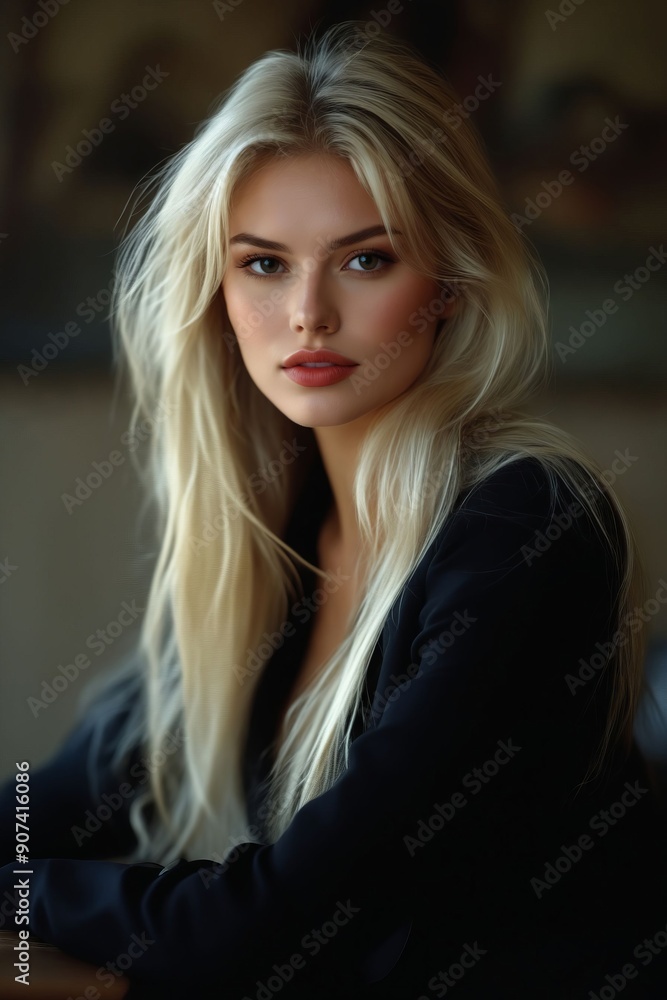 Fototapeta premium A woman with long blonde hair sitting on a couch