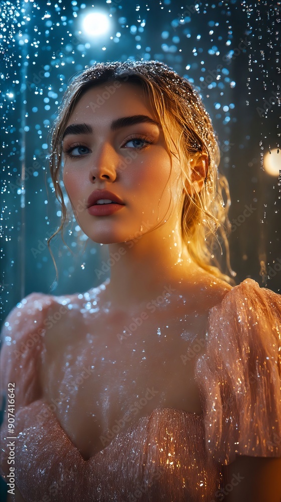 Obraz premium A woman in a pink dress standing in the rain