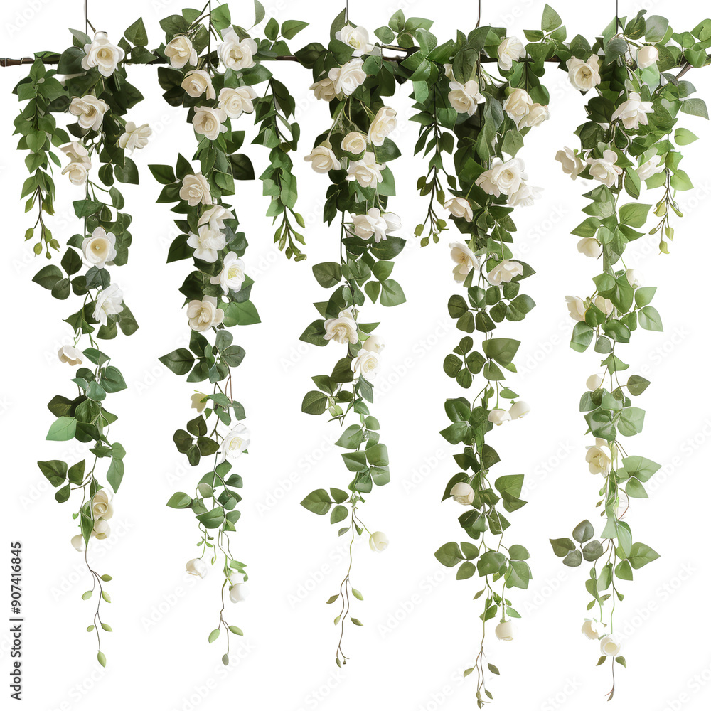 Naklejka premium Elegant Flower Hanging with White Roses and Green Leaves for Home Decor and Event Decoration