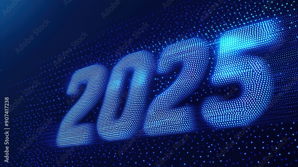 Abstract 2025 Happy New Year digital web banner template in futuristic glowing polygonal style on dark blue background.illustration
