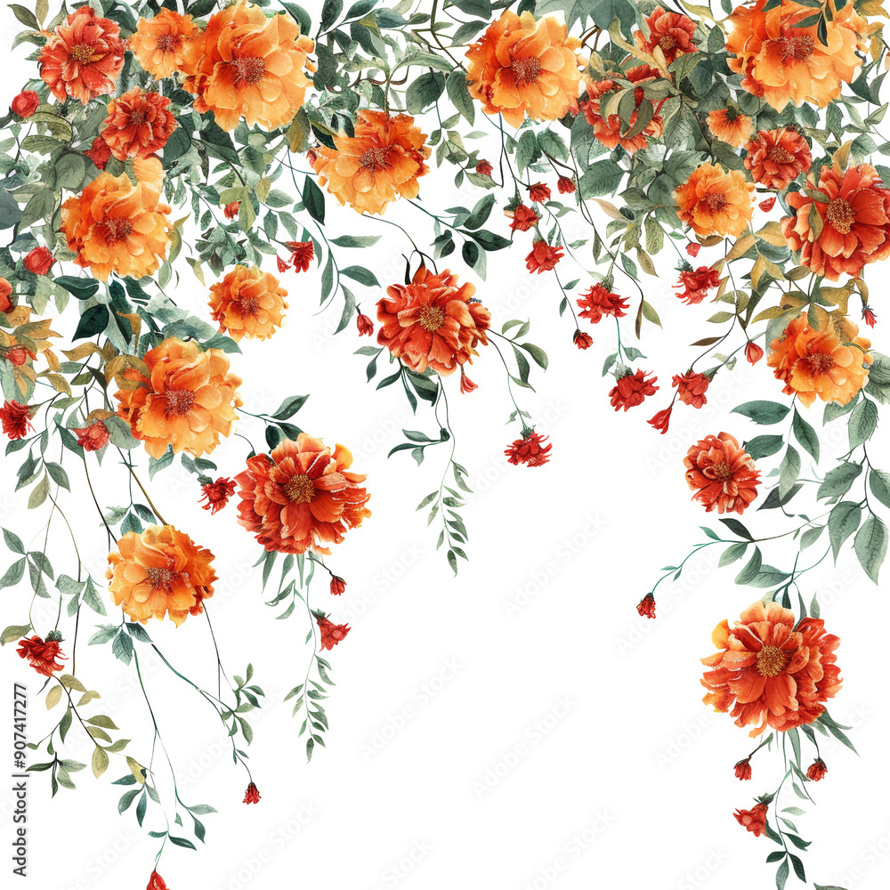 Vibrant Orange and Red Flowers Hanging Against a Black Background - Perfect for Floral and Nature-Themed Designs Vibrant Orange and Red Flowers Hanging Against a Black Background - Perfect for Floral and Nature-Themed Designs