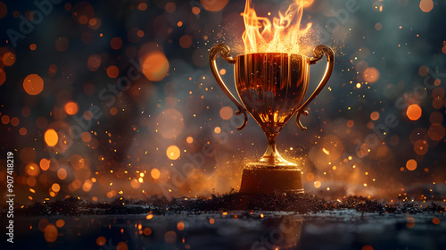 Golden Trophy on Fire with Sparks