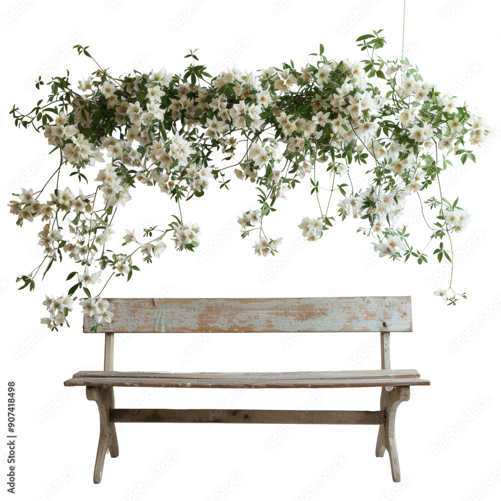 Elegant Flower Hanging Over Rustic Wooden Bench - Perfect for Garden Decor and Outdoor Inspiration