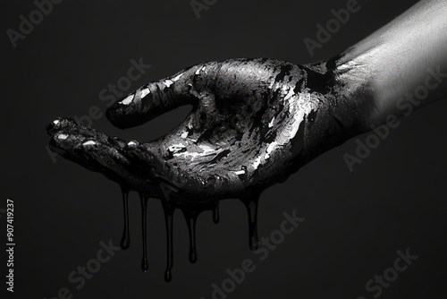 Descent into Darkness - Eerie Black Oil Dripping Hand in Hyper Realistic Monochrome, Horror Aesthetic Photography photo