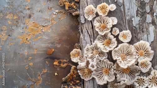 Schizophyllum commune thriving on aged wood or tree trunk Ideal for educational scientific articles with space for text