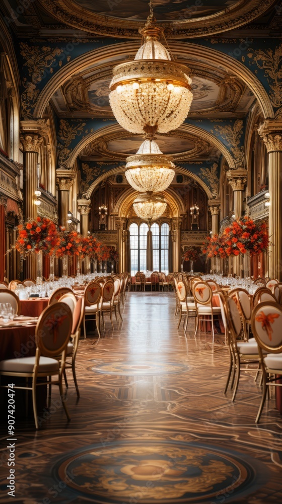 Ballroom interior, beautiful banquet hall in royal medieval castle with curtains, Empty room for ceremony and events Ballroom interior, beautiful banquet hall in royal medieval castle with curtains, Empty room for ceremony and events