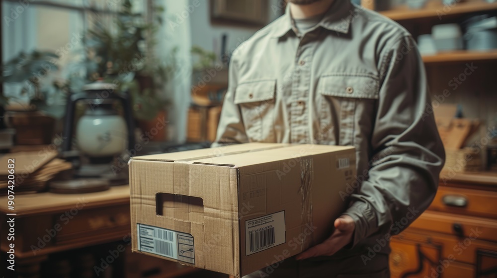 A Person Holding a Cardboard Box in a Vintage Workshop During Daylight Hours. Generative AI A Person Holding a Cardboard Box in a Vintage Workshop During Daylight Hours. Generative AI