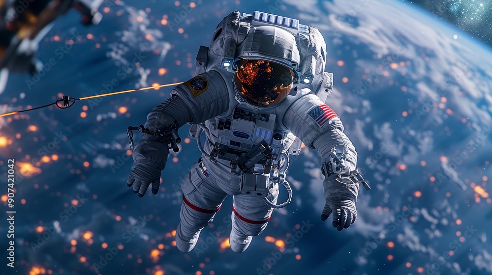 Astronaut Floating in Zero Gravity Above Earth With Stunning Cosmic Background at Dusk. Generative AI Astronaut Floating in Zero Gravity Above Earth With Stunning Cosmic Background at Dusk. Generative AI