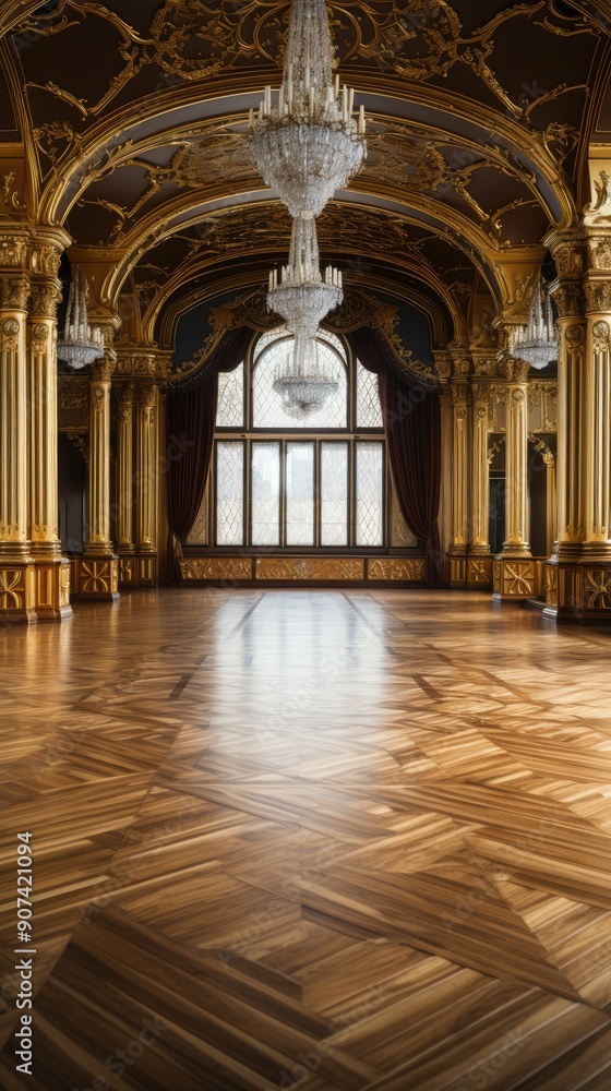 Obraz premium Ballroom interior, beautiful banquet hall in royal medieval castle with curtains, Empty room for ceremony and events