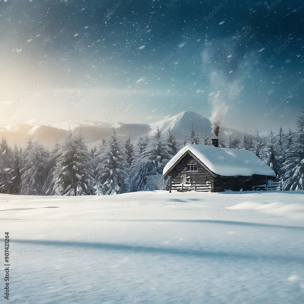 Fototapeta premium A pristine snowy landscape with gently falling snowflakes, a blanket of fresh snow covering the ground, and a cozy cabin withsmoke rising from the chimney in the distance