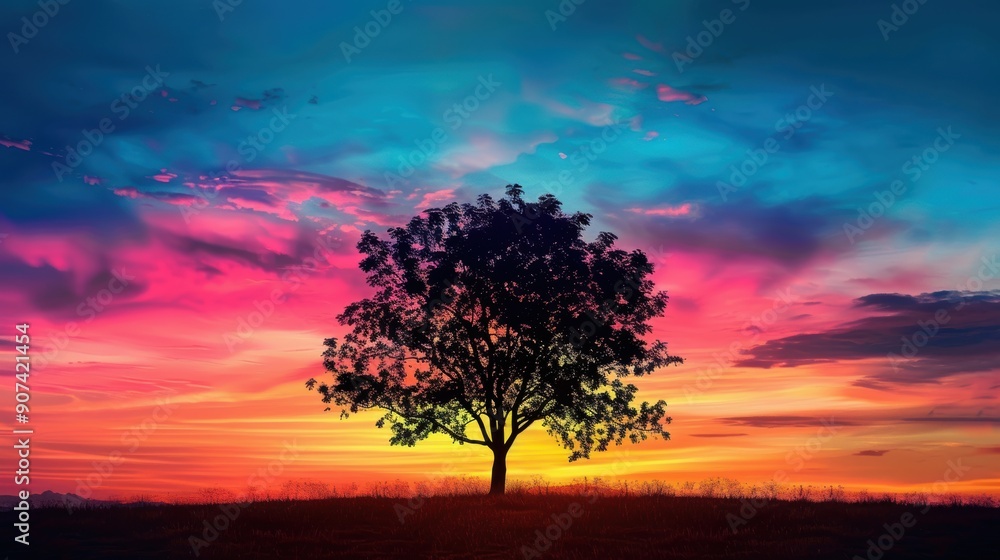 Obraz premium Majestic Tree Silhouette Against a Vibrant Sunset Sky