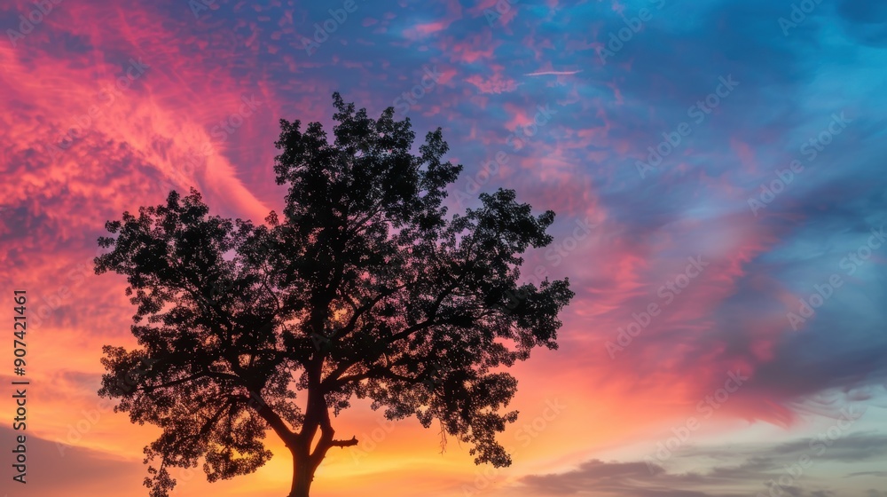 Tranquil Silhouette of Tree Embracing a Colorful Sky at Dusk Tranquil Silhouette of Tree Embracing a Colorful Sky at Dusk