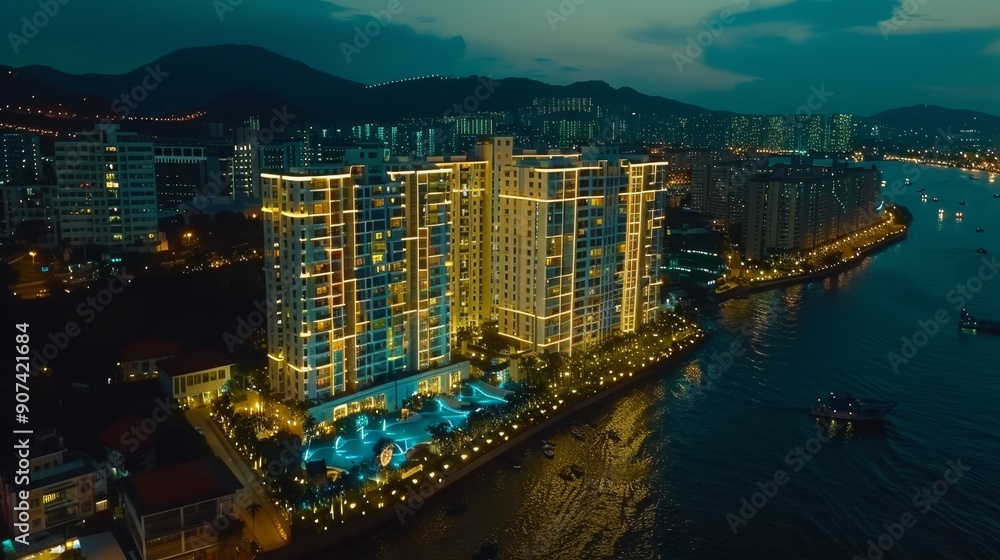 Fototapeta premium Panoramic night cityscape featuring brightly illuminated buildings with glowing windows