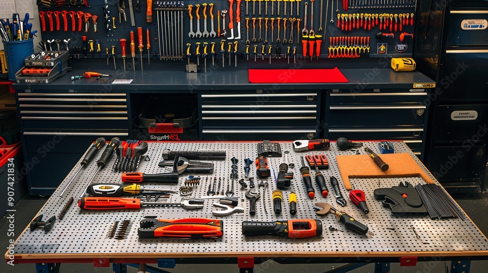 Building tool repair equipment spread out on a workbench Building tool repair equipment spread out on a workbench