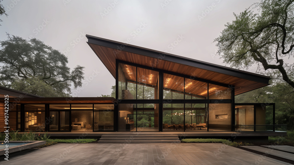 A large house with a slanted roof and a lot of windows A large house with a slanted roof and a lot of windows