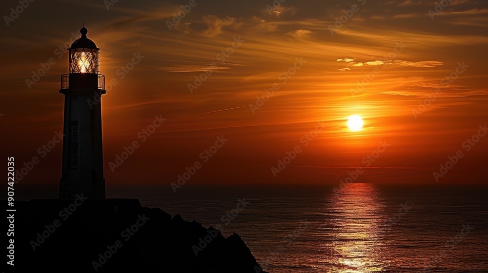 Serene Silhouette of Lighthouse at Dawn - Peaceful Coastal Morning Scene with Lighthouse Tower Against Rising Sun in the Horizon Serene Silhouette of Lighthouse at Dawn - Peaceful Coastal Morning Scene with Lighthouse Tower Against Rising Sun in the Horizon