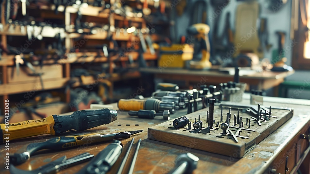 Fototapeta premium Building tool repair equipment displayed on a work surface