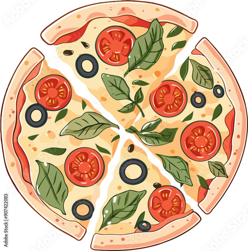 Delicious Vegetarian Pizza Illustration with Fresh Ingredients