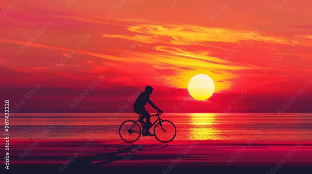 Fototapeta premium Serene Sunset Cycling: Silhouette of a Person Riding a Bicycle in the Golden Hour Glow