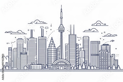 Thin line style city Illustration of urban landscape street, canada skyline city office buildings, Outline cityscape panorama on white background