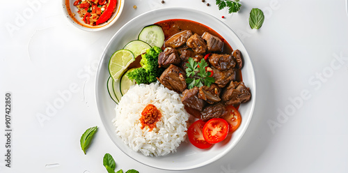 Flat lay of a plate of rendang, beautifully presented on a clean white background.