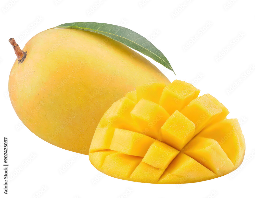 Fresh mango with vibrant yellow flesh and green leaf, cut to reveal juicy cubes inside, perfect for summer recipes and smoothies. Fresh mango with vibrant yellow flesh and green leaf, cut to reveal juicy cubes inside, perfect for summer recipes and smoothies.