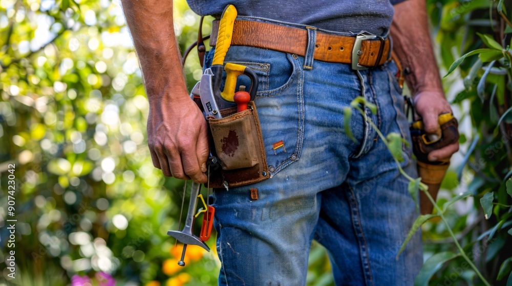 Handyman equipped with a tool belt for a small repair job Handyman equipped with a tool belt for a small repair job