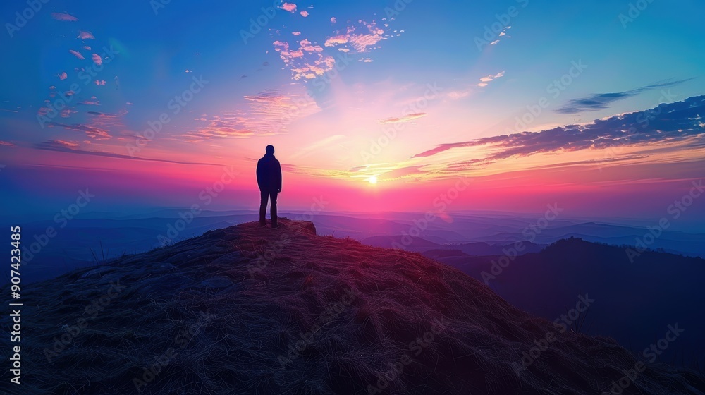 Tranquil Sunrise: Silhouette of a Person Standing on a Hill at Dawn Tranquil Sunrise: Silhouette of a Person Standing on a Hill at Dawn
