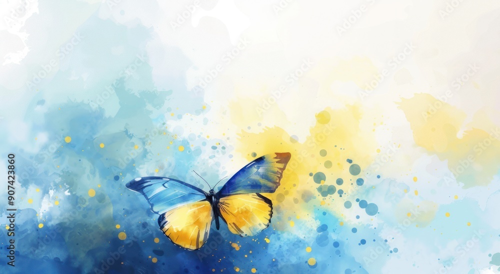 Watercolor Butterfly on a Blue and Yellow Background Watercolor Butterfly on a Blue and Yellow Background