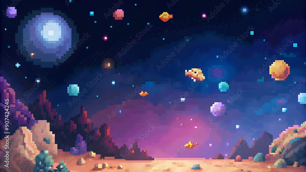 Alien planet space landscape pixel art background. 8-bit game assets Alien planet space landscape pixel art background. 8-bit game assets