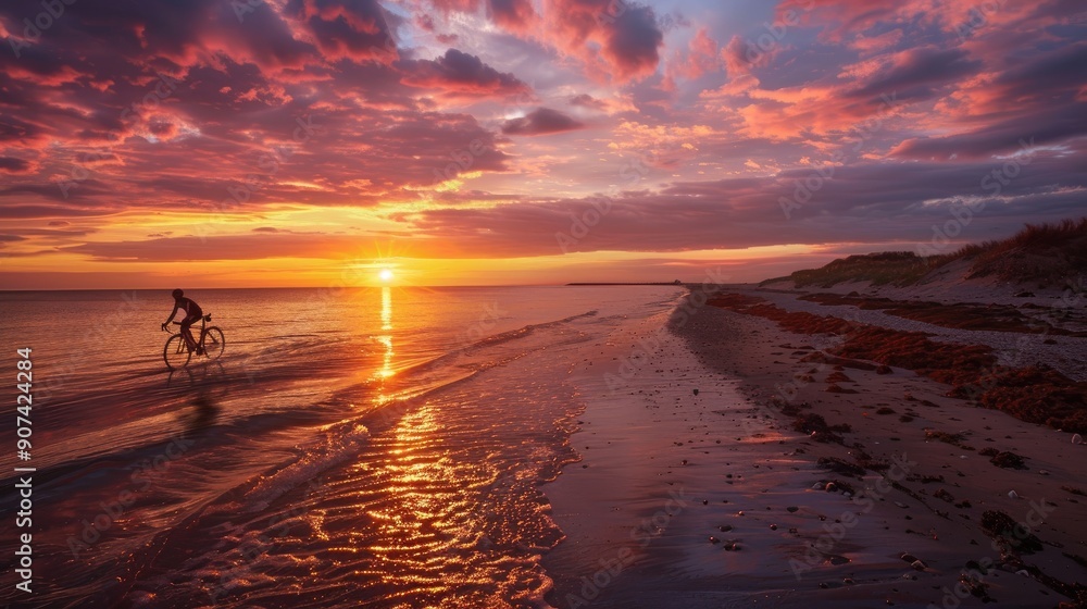 Fototapeta premium A peaceful sunset over a beach with a lone cyclist riding along the shore
