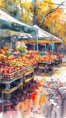 A watercolor painting depicts a bustling farmers market scene under autumn trees. The vibrant colors of the fruits and vegetables are highlighted by the bright yellow and orange hues of the leaves ove photo