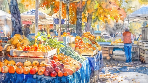 A vibrant watercolor painting captures the bustling atmosphere of a European market, showcasing an abundance of fresh fruit and vegetables displayed beneath autumnal trees. Customers browse the colorf photo