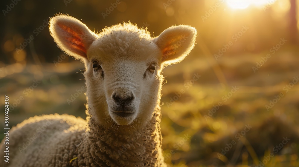 Fototapeta premium closeup fluffy lamb standing sunlit pasture looking curiously camera