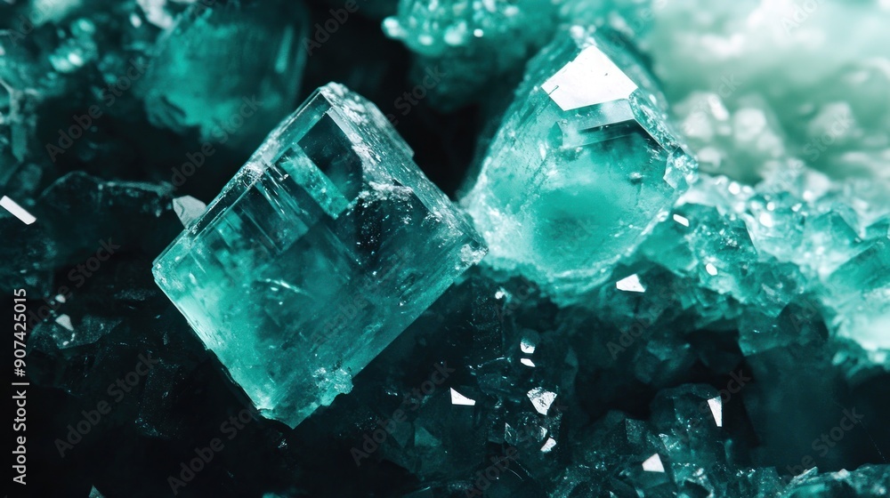 Close up shot detailed aquamarine crystal mineral stone. shiny surface of precious stone mineral crystals in the natural environment Close up shot detailed aquamarine crystal mineral stone. shiny surface of precious stone mineral crystals in the natural environment