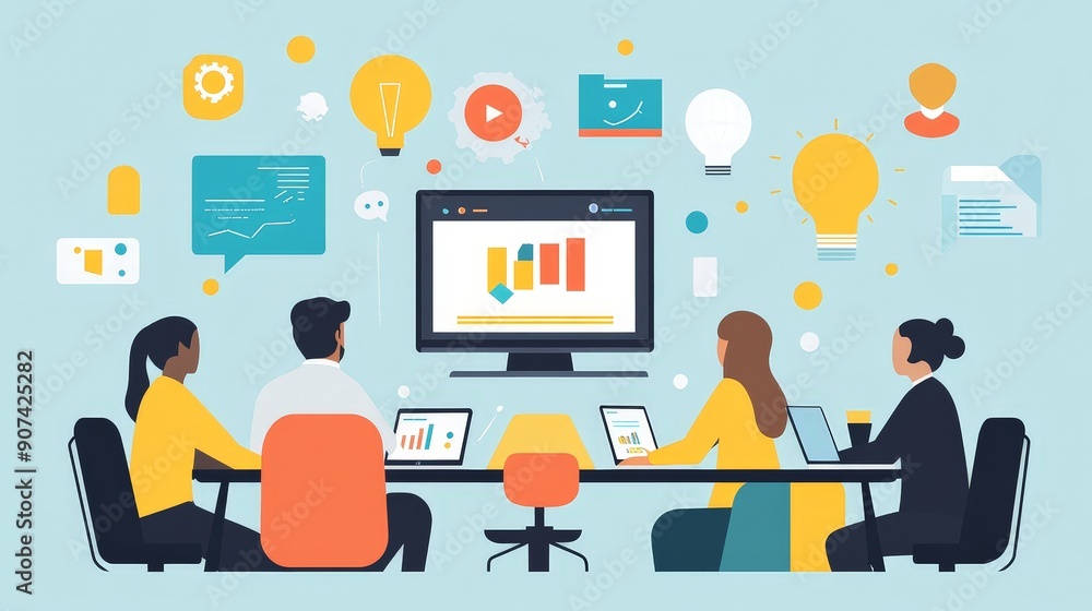 Brainstorming Innovative Business Ideas in Virtual Meeting - Minimalist Flat Illustration Brainstorming Innovative Business Ideas in Virtual Meeting - Minimalist Flat Illustration